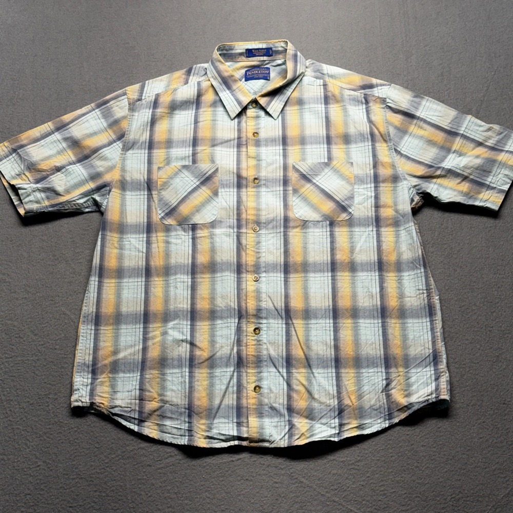 Pendleton Wave Shirt Mens XL Blue Yellow Plaid Cotton Short Sleeve Button Down - Picture 1 of 7
